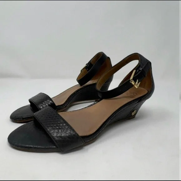 Tory Burch Savannah Wedge Black Gold Sandal Women Size 6 - Picture 3 of 11